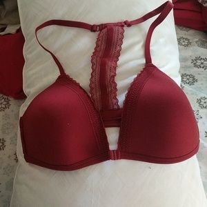 Burgandy bra, no underwire, clasps in front